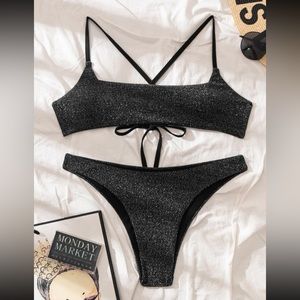 Allover Glitter Decor High Cut Bikini Swimsuit